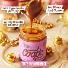 Coop's textura en cuchara mostrando caramelo sedoso y fácil untar