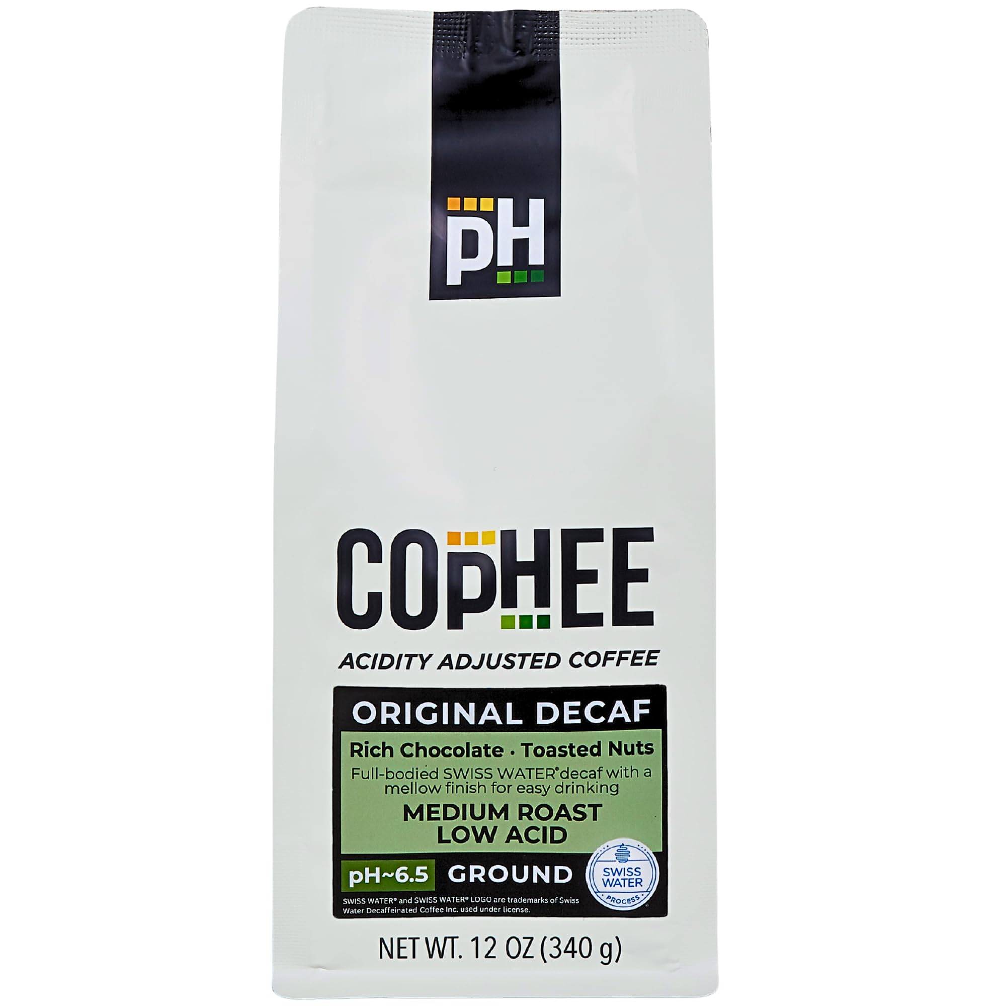 COpHEE bolsa frontal Low Acid Decaf mostrando pH y beneficios digestivos