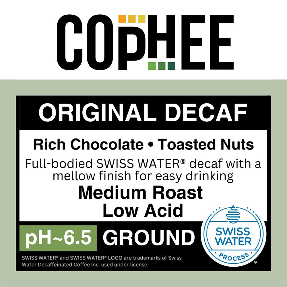 COpHEE etiqueta con pH impreso y sellos Non-GMO y SWISS WATER claros