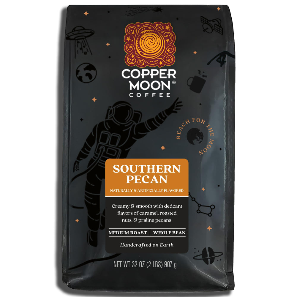 Copper Moon envase frontal mostrando el blend southern pecan y 2 lb, conveniencia