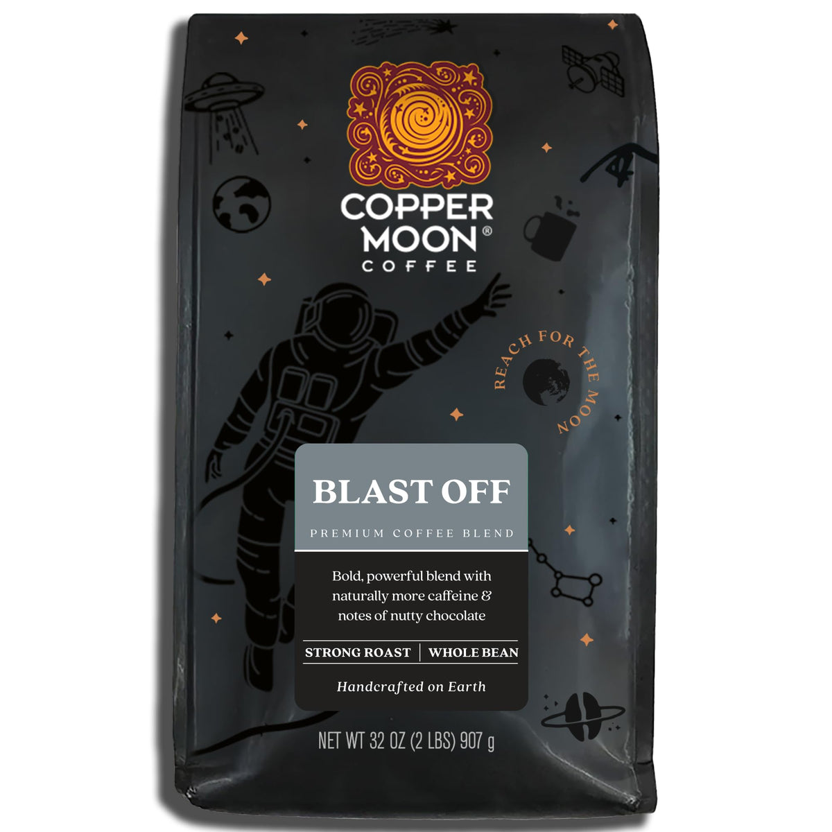 Copper Moon empaque frontal 2 lb mostrando diseño y beneficio de tueste fuerte