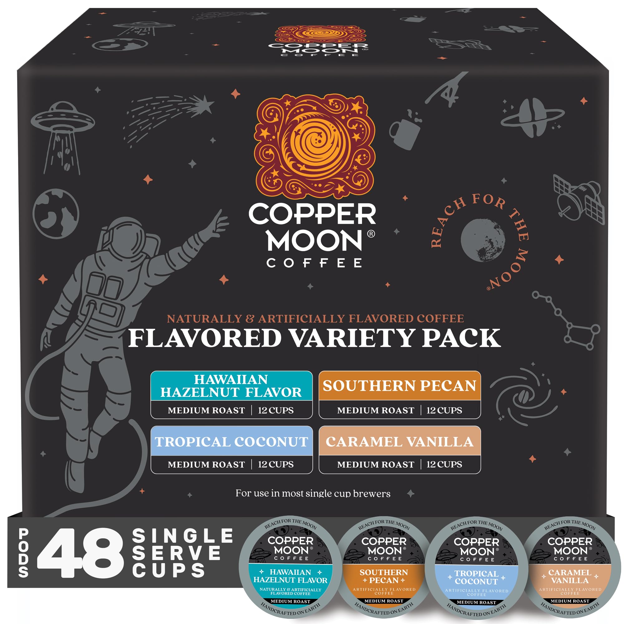 Copper Moon frente del empaque mostrando variedad de sabores y conveniencia