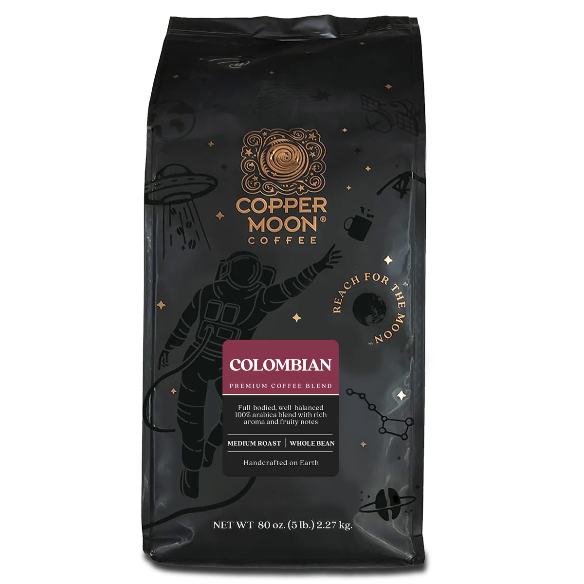 Copper Moon paquete frontal mostrando 5 lb y sello de tueste medio