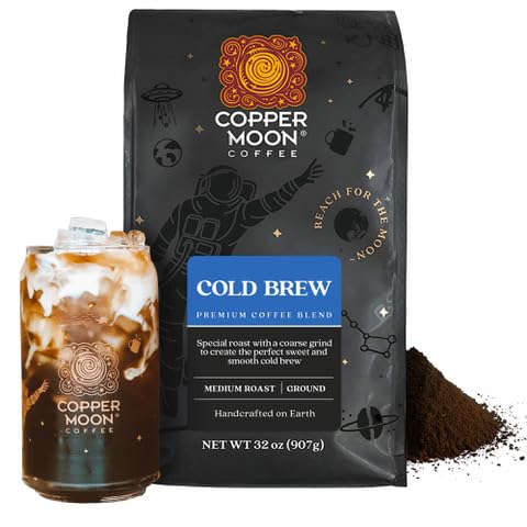 Copper Moon vista frontal del paquete mostrando 32 oz y beneficios cold brew