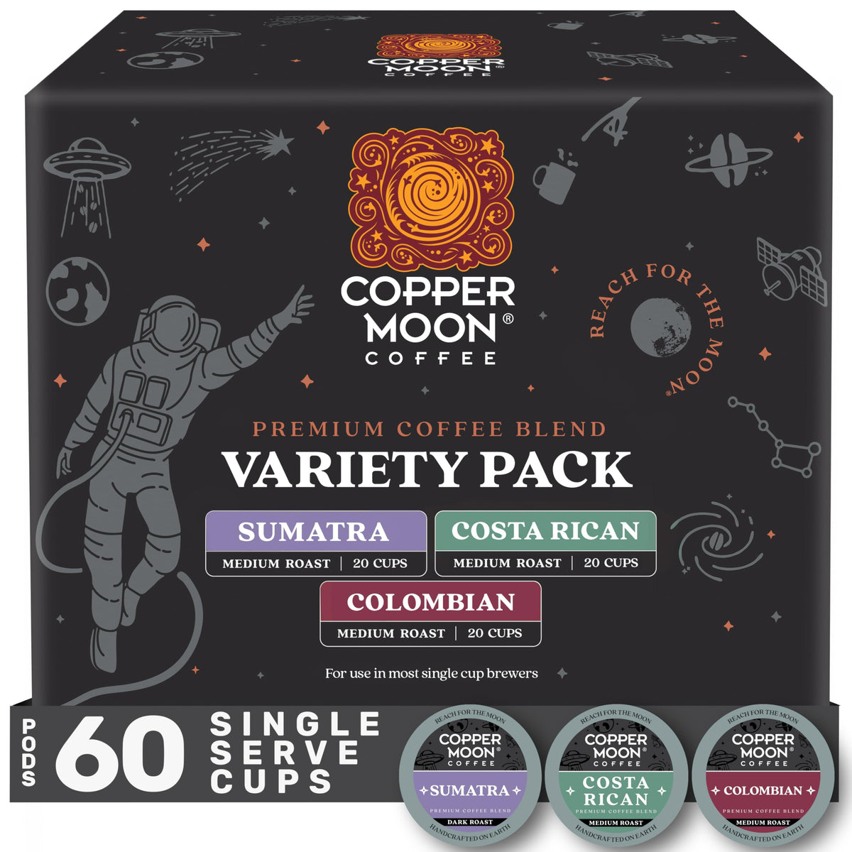 Copper Moon vista frontal del paquete de 60 cápsulas, conveniencia y variedad