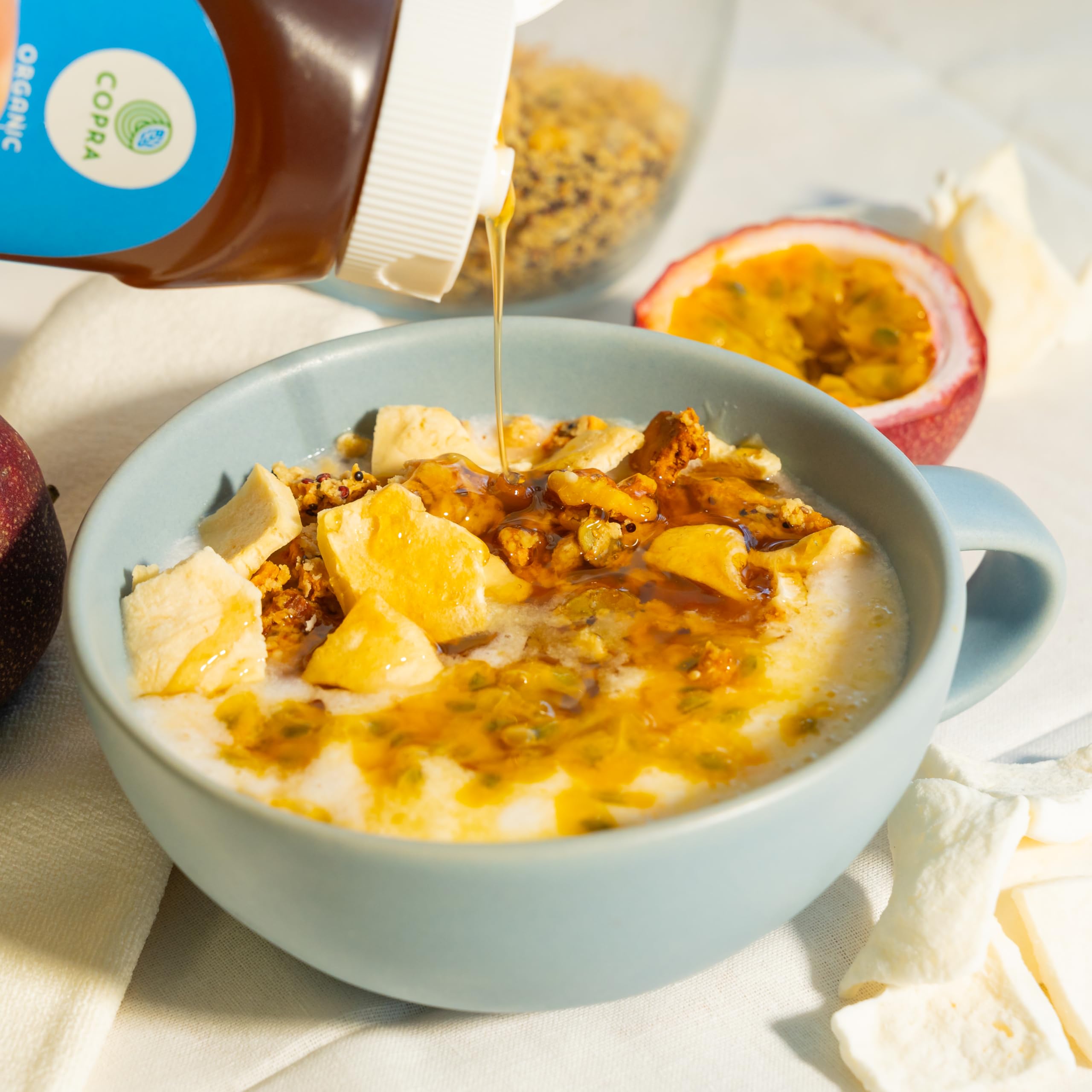 Copra en desayuno con avena que añade dulzor y humedad saludable