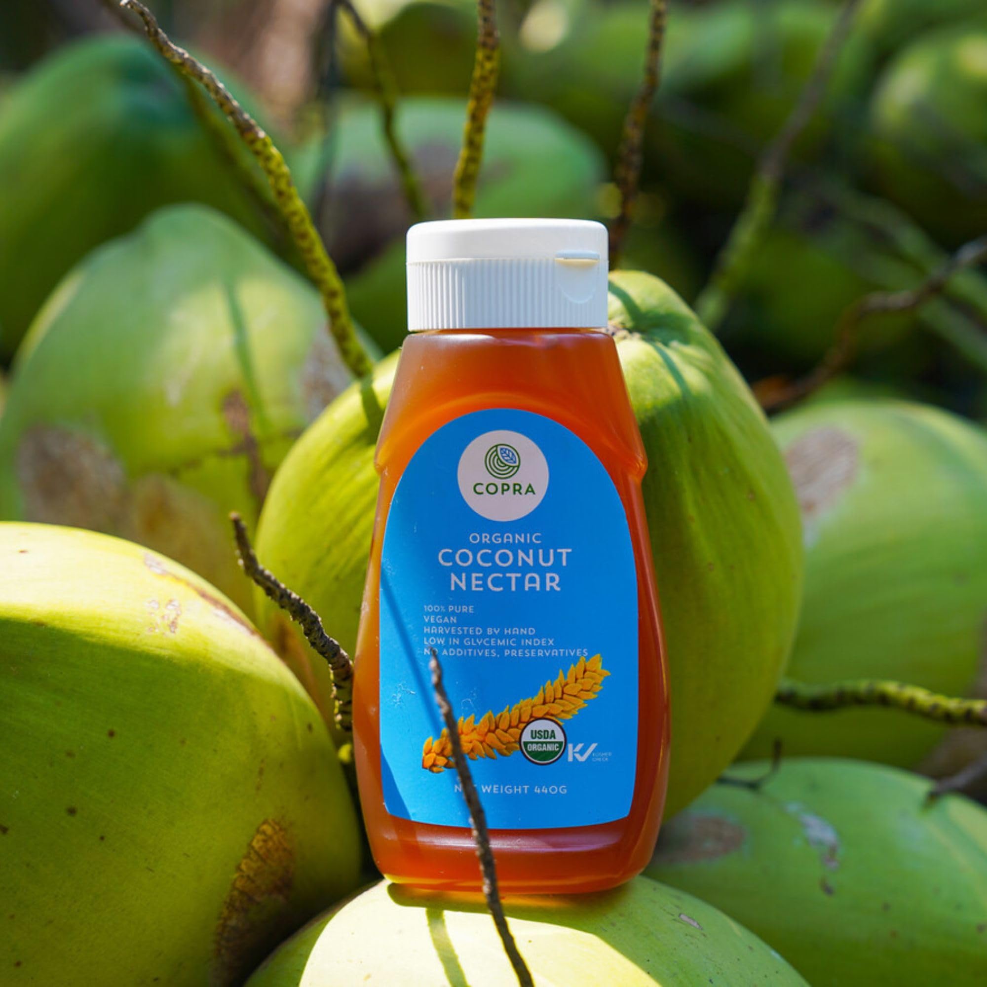 Copra ingredientes naturales mostrando néctar de flor de coco puro