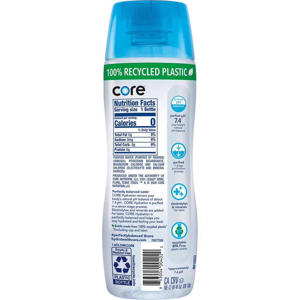 Core botella junto a mano para comparar tamaño 20 oz y portabilidad diaria