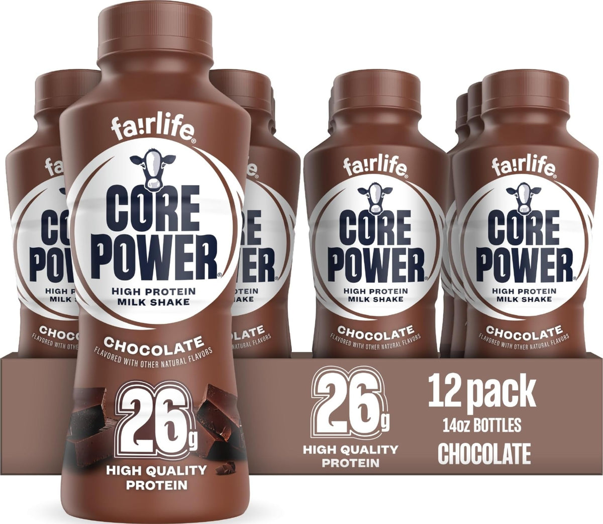 Core Power botella frontal mostrando etiqueta y sabor chocolate