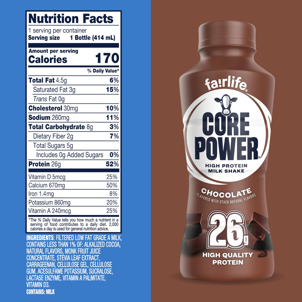 Core Power tabla nutricional mostrando 26 g proteína por botella