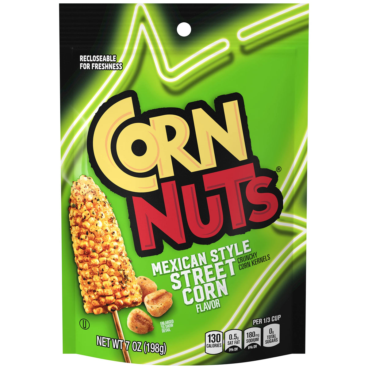 Corn Nuts vista frontal del empaque con sabor elote callejero y cierre resellable