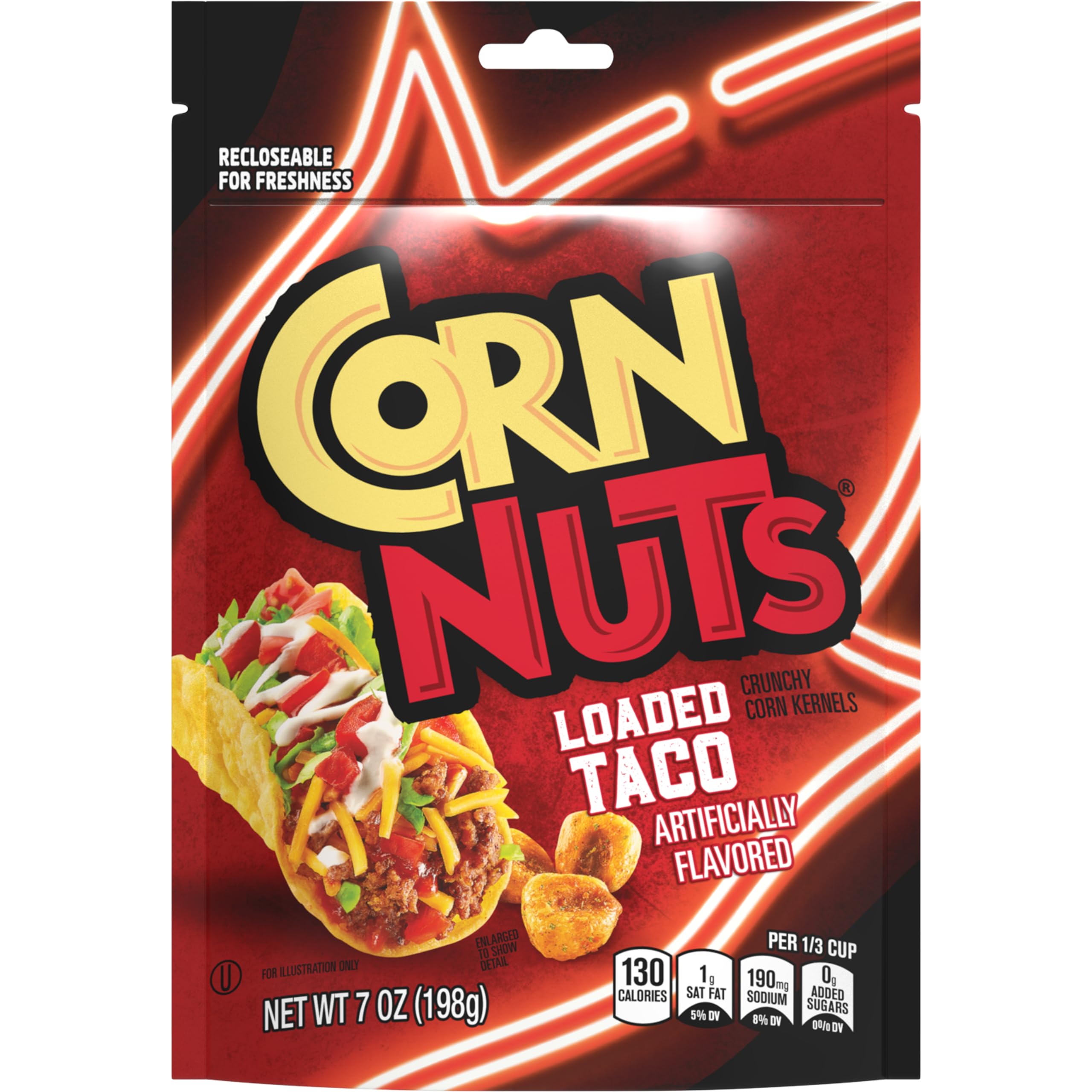 CORN NUTS frente del empaque mostrando 7 oz y sabor Loaded Taco, ideal para llevar