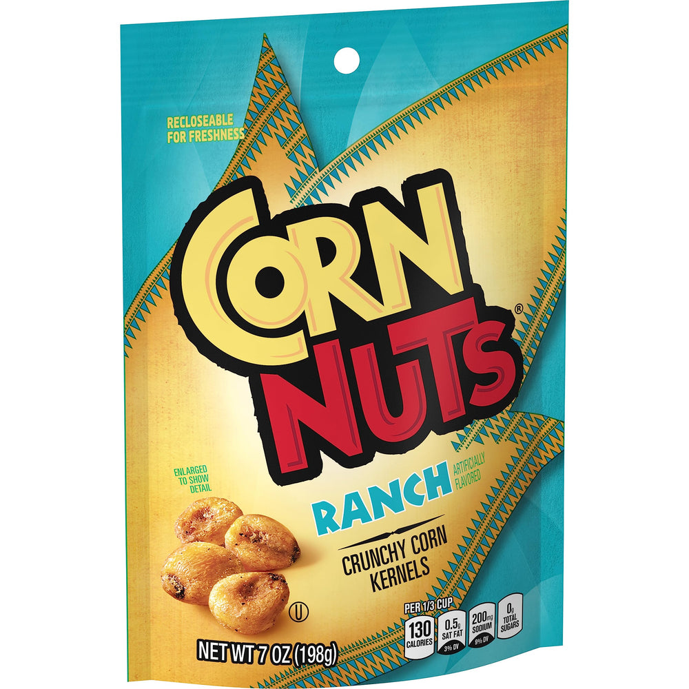 Corn Nuts empaque frontal mostrando branding y sabor ranch disfrutado fácilmente