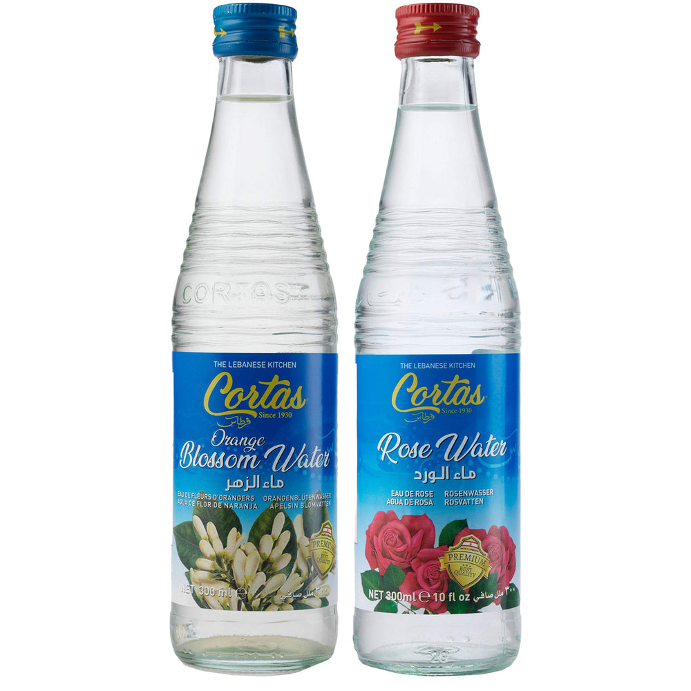 Cortas pack frontal con botellas de agua de rosas y azahar mostrando etiqueta clara y tamaño