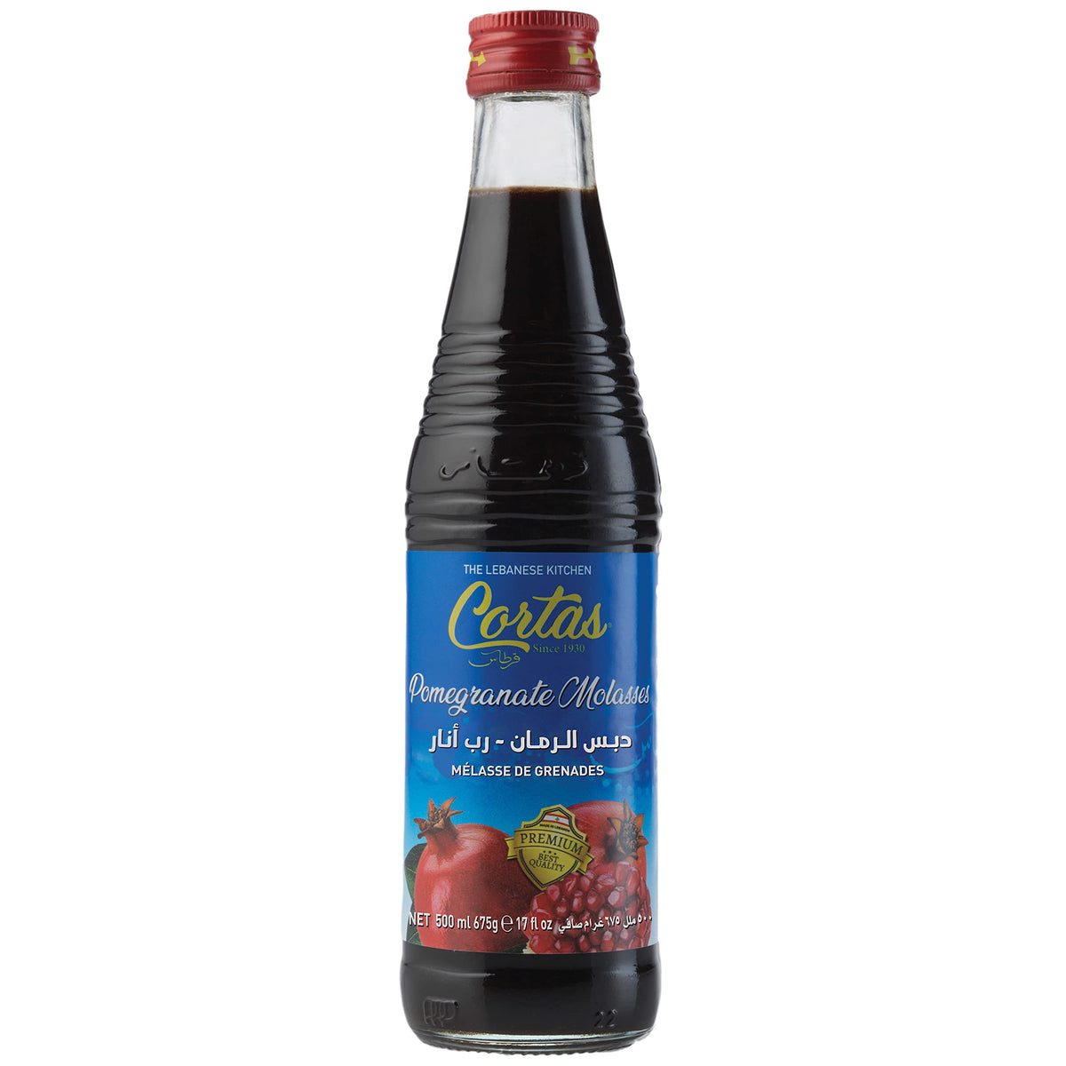 Cortas melaza de granada botella frontal mostrando origen libanés y presentación