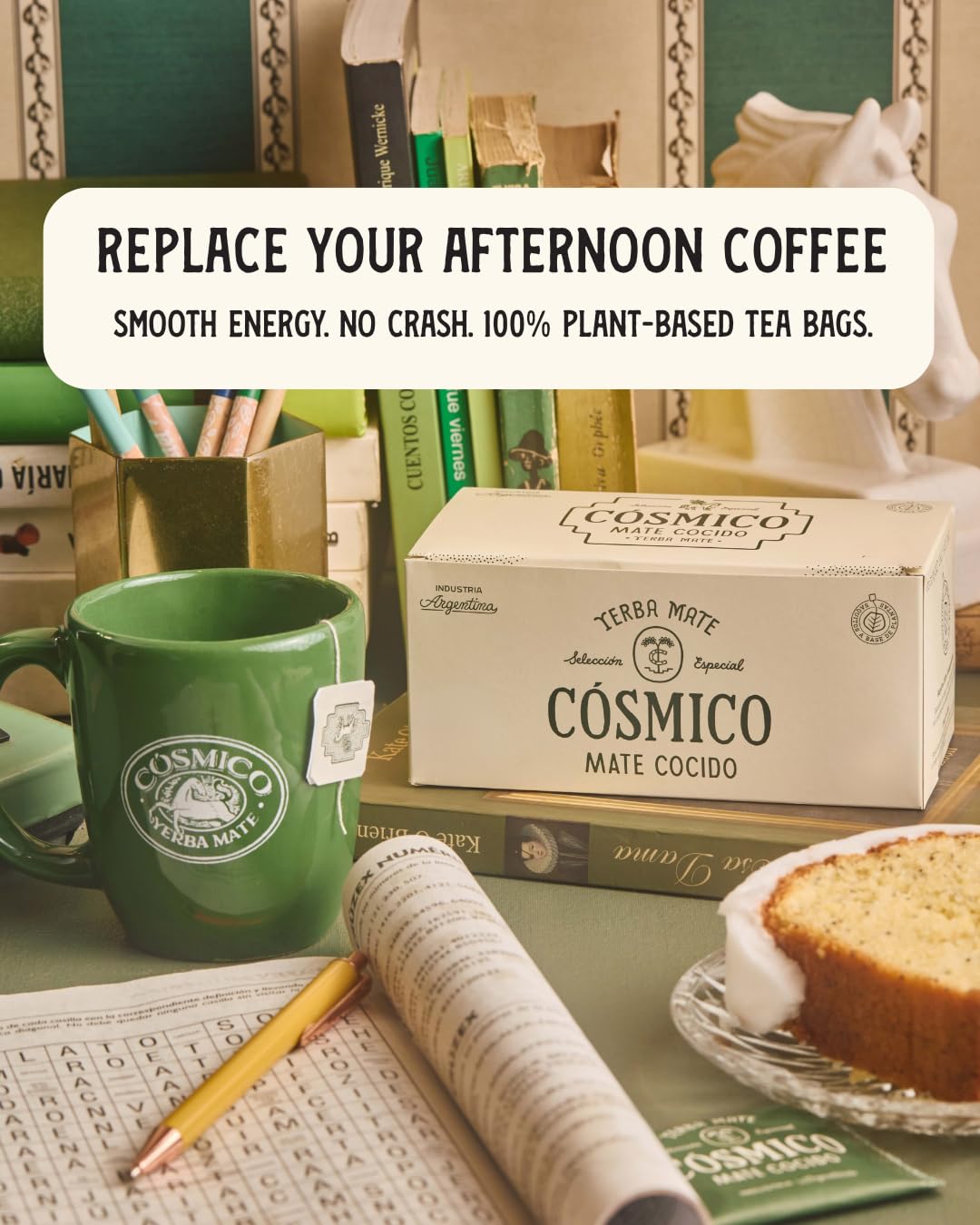 Cósmico taza de mate lista para beber con sabor suave y energía limpia