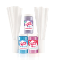 Cotton Candy Express paquete frontal mostrando tarros y conos como solución lista