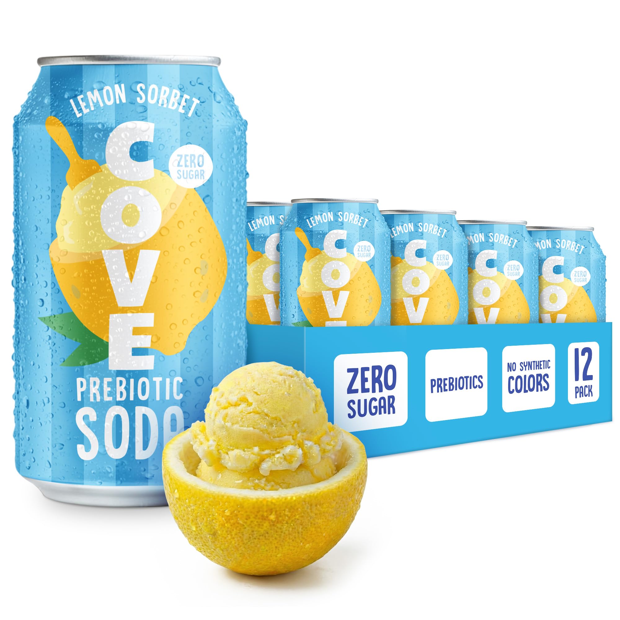 Cove Soda Lemon Sorbet lata frontal mostrando diseño y efecto refrescante