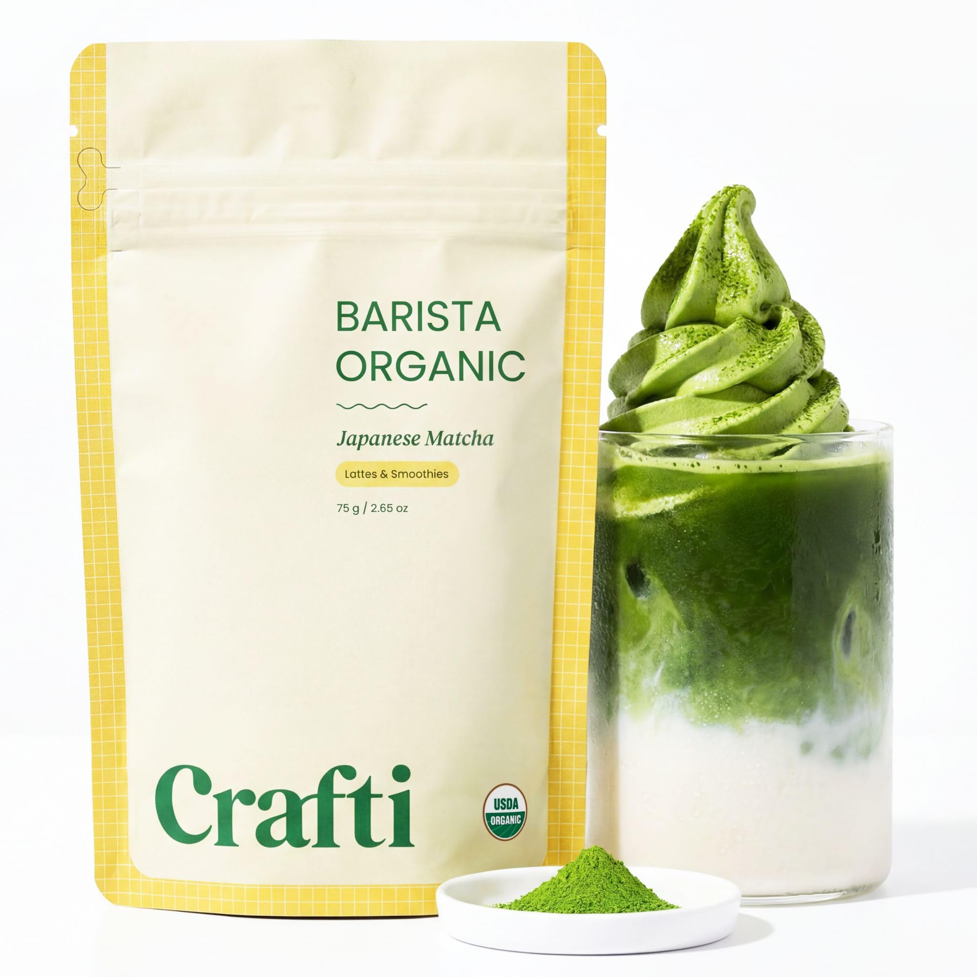 crafti matcha envase frontal mostrando marca y sellos, garantía de origen