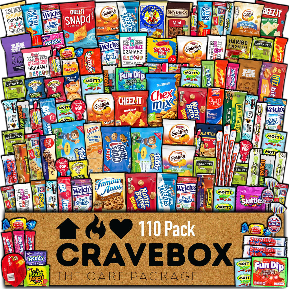 CRAVEBOX vista frontal con 110 snacks, presentación clara y variada