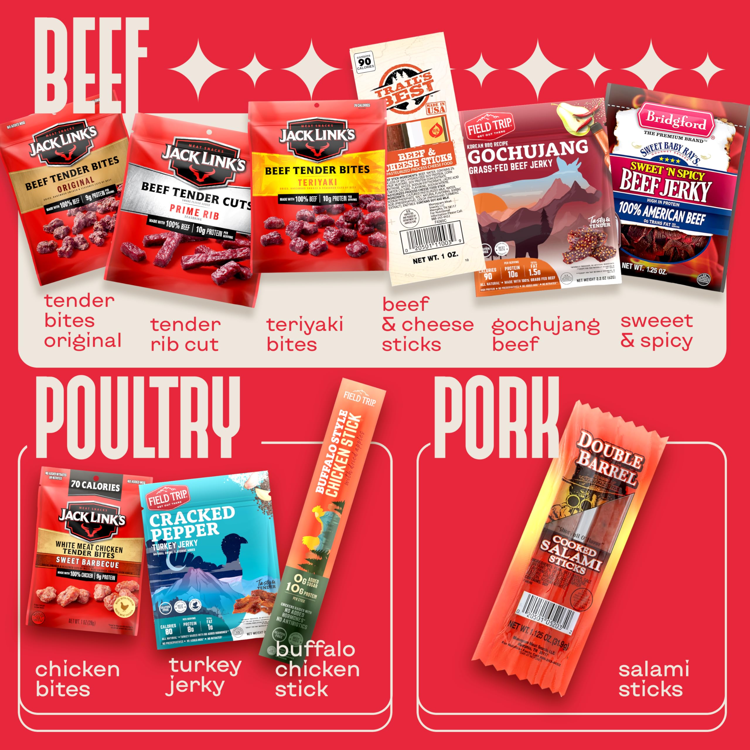 Cravekraft paquetes grandes de beef jerky mostrando variedad de sabores y frescura