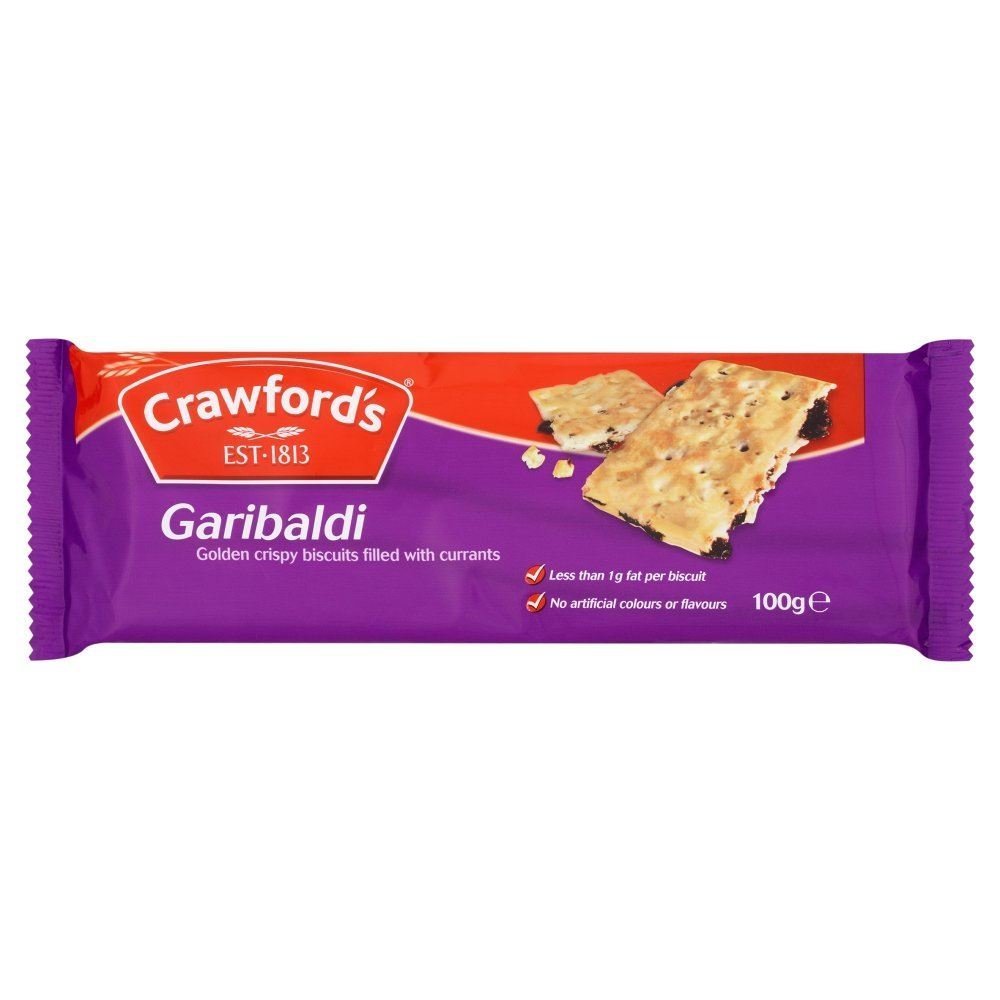 Crawfords Garibaldi frente del paquete mostrando galletas y conveniencia