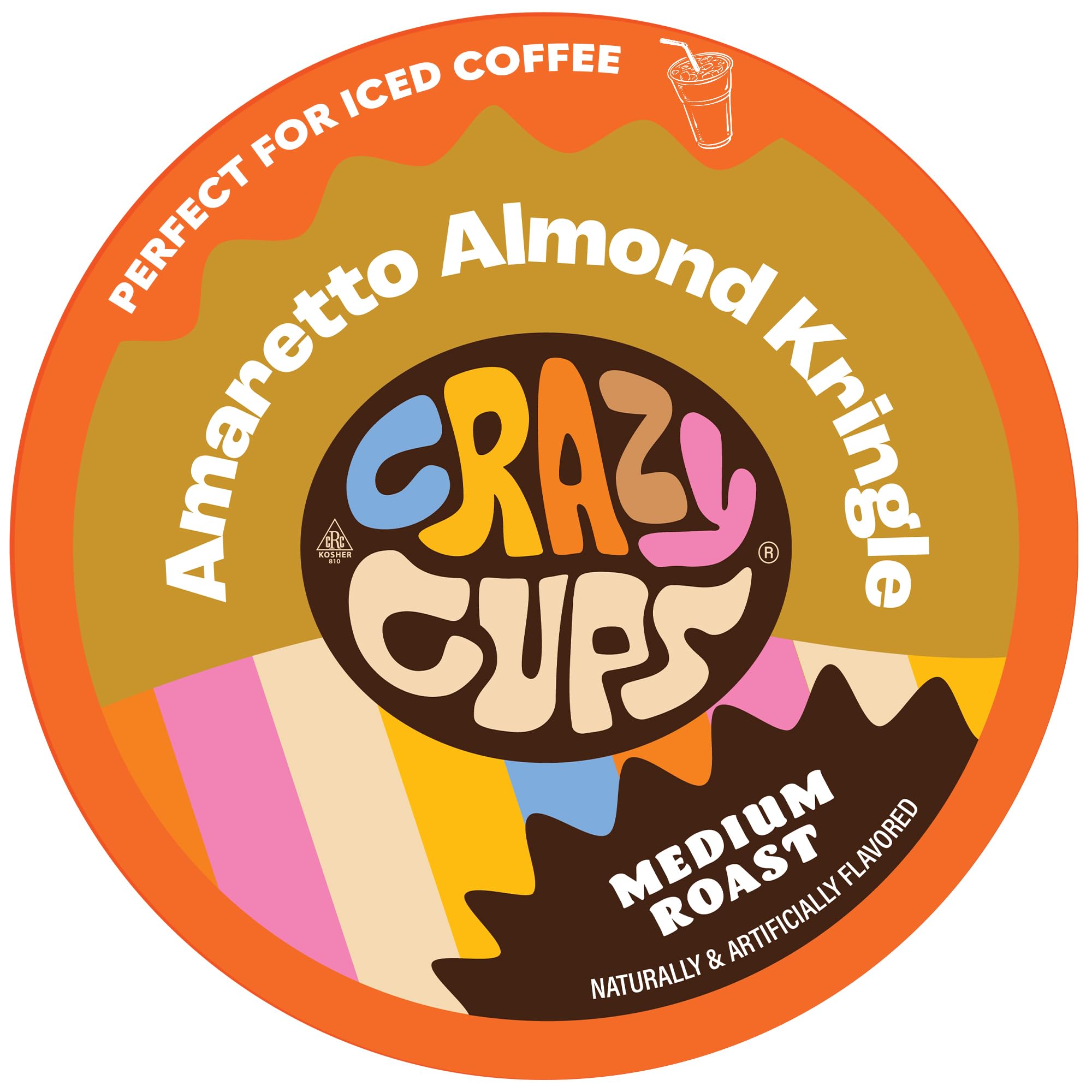 Crazy Cups empaque frontal mostrando sabor Amaretto Almond Kringle y atractivo visual