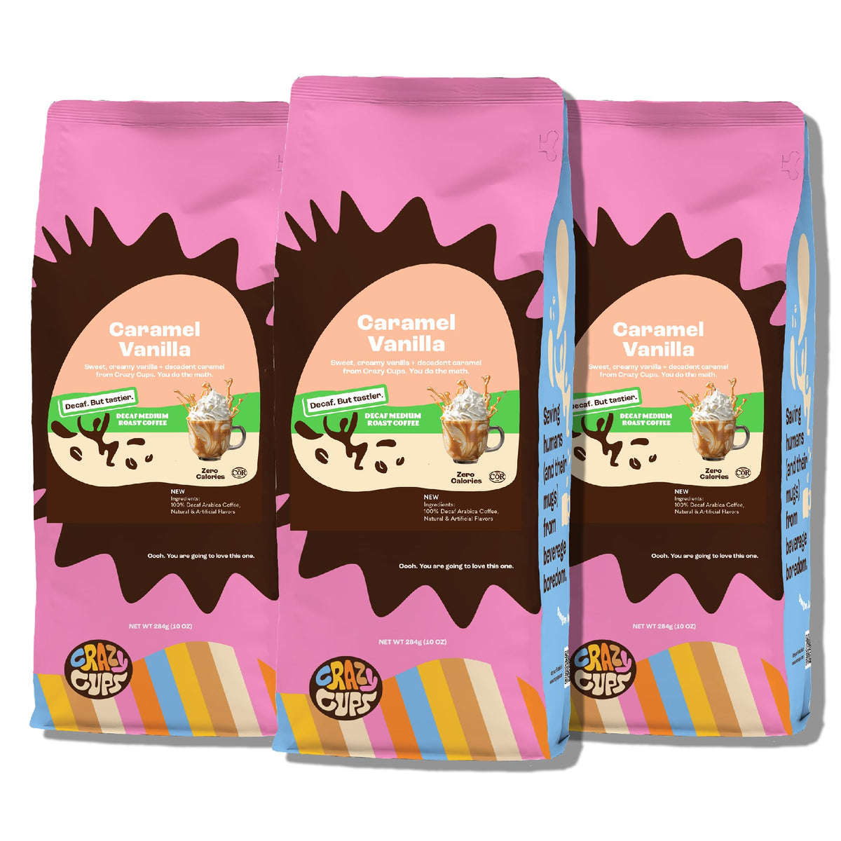 Crazy Cups frente del empaque mostrando diseño y tamaño de 10 oz, conveniencia inmediata