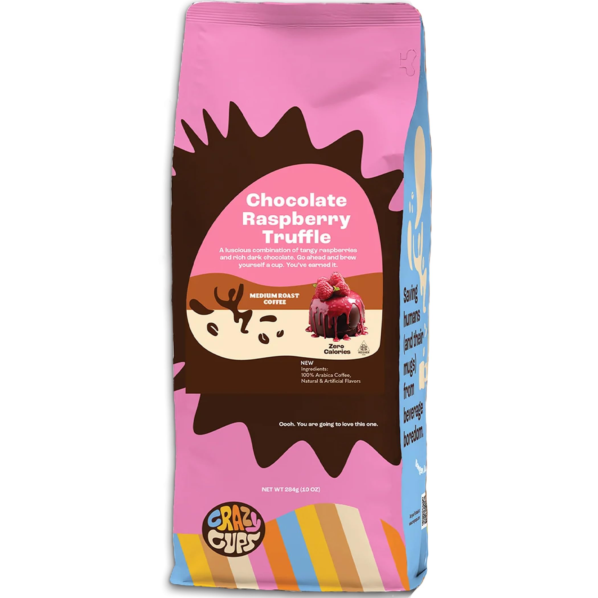 Crazy Cups frente del paquete mostrando sabor chocolate frambuesa y beneficios de sabor