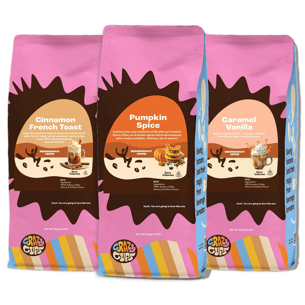 Crazy Cups pack frontal mostrando las tres bolsas y variedad de sabores