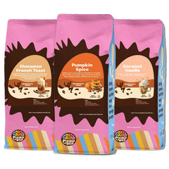 Crazy Cups pack frontal mostrando las tres bolsas y variedad de sabores