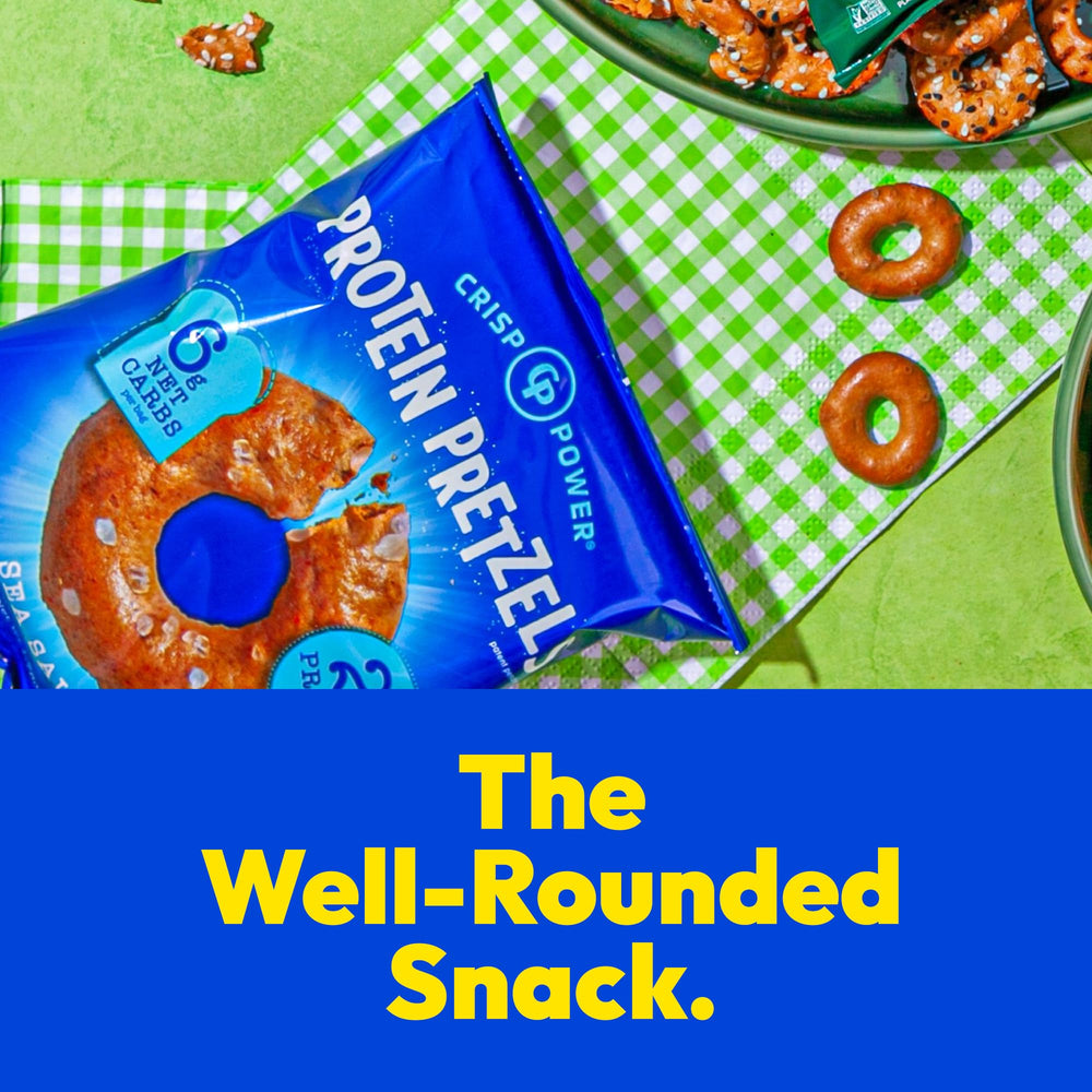 CRISP POWER escena de mesa con pretzels como snack nutritivo