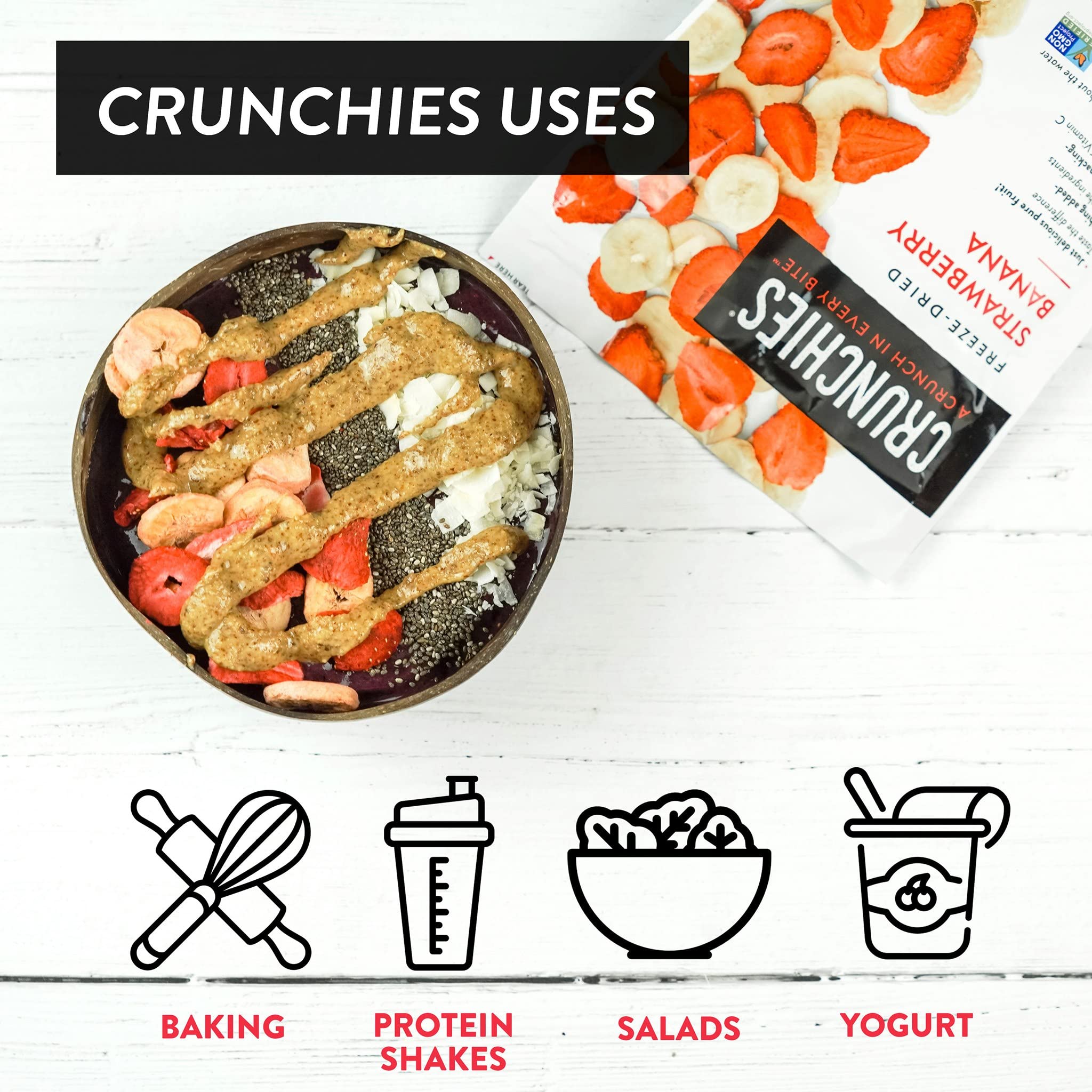 Crunchies topping en smoothie demostrando uso culinario y color natural