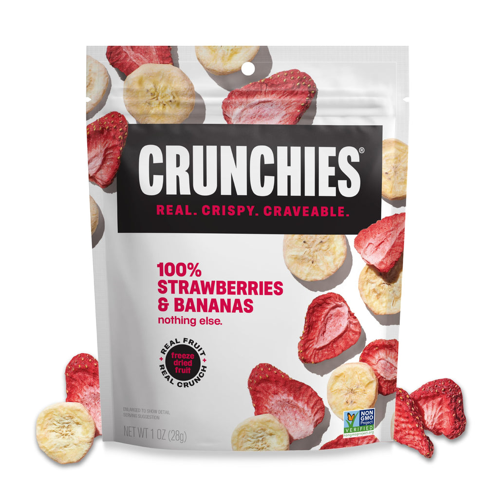 Crunchies envase frontal mostrando fresa y plátano, snack portátil y natural