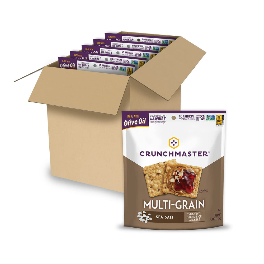 Crunchmaster paquete frontal multigrano muestra crujido y conveniencia