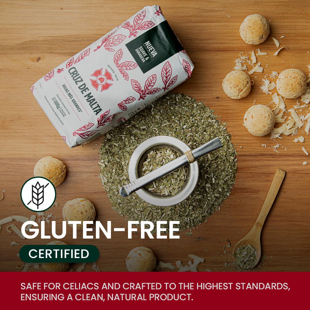 Cruz de Malta etiqueta con información nutricional y sello sin gluten visible