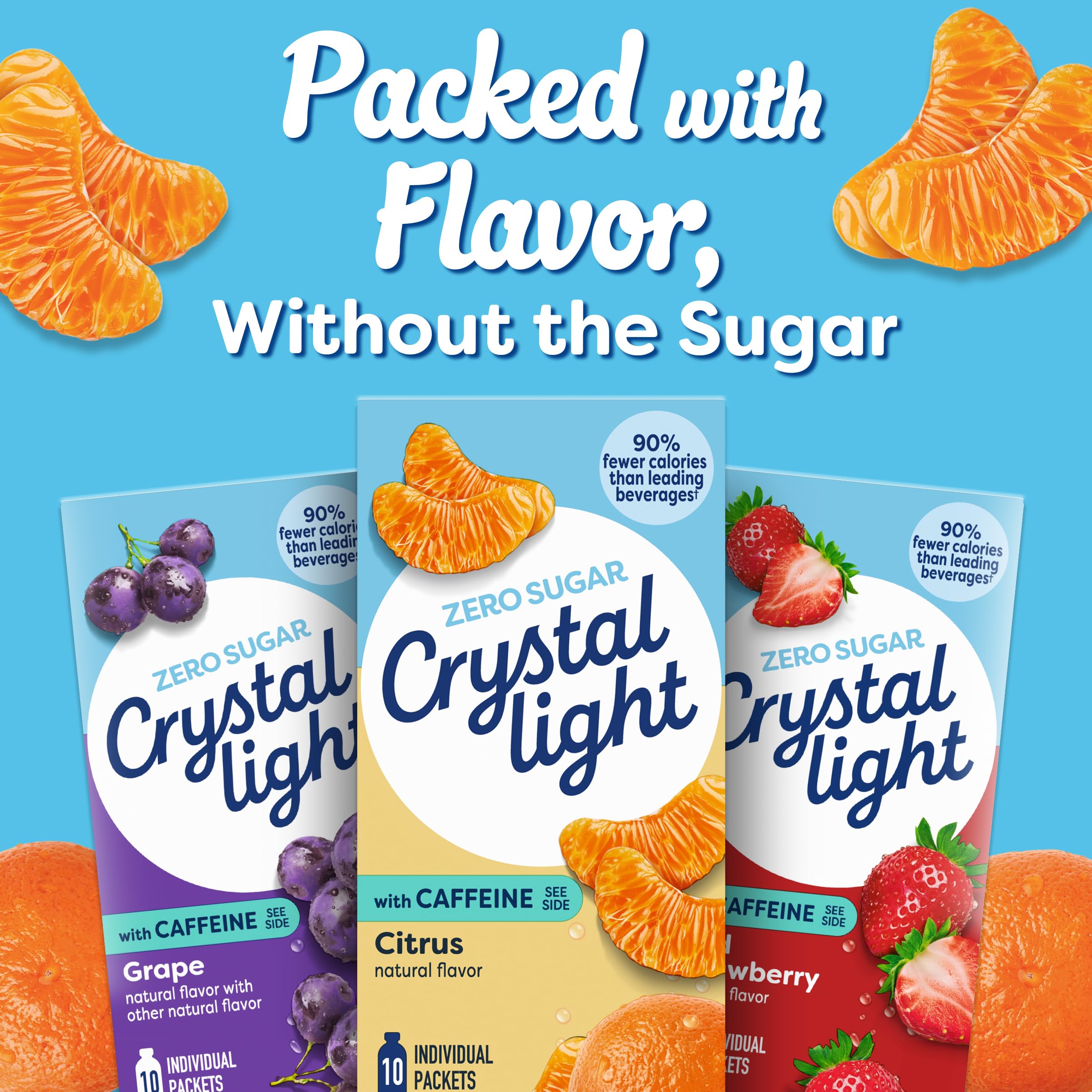 Detalle de la etiqueta Crystal Light mostrando información de cafeína y calorías