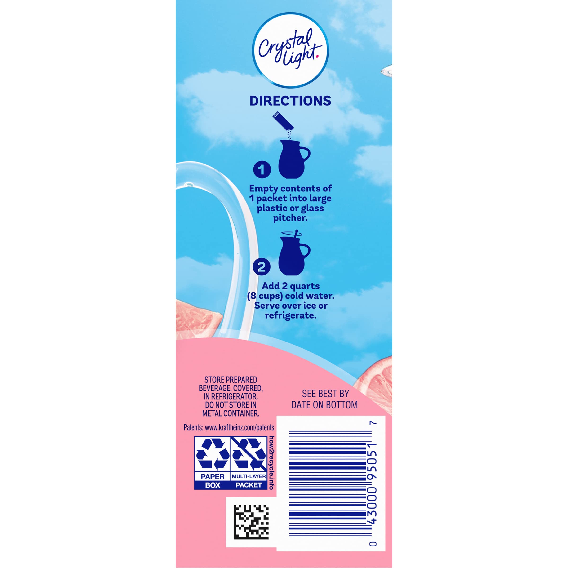 Crystal Light comparación de tamaño con vaso y cucharón ilustrando rendimiento