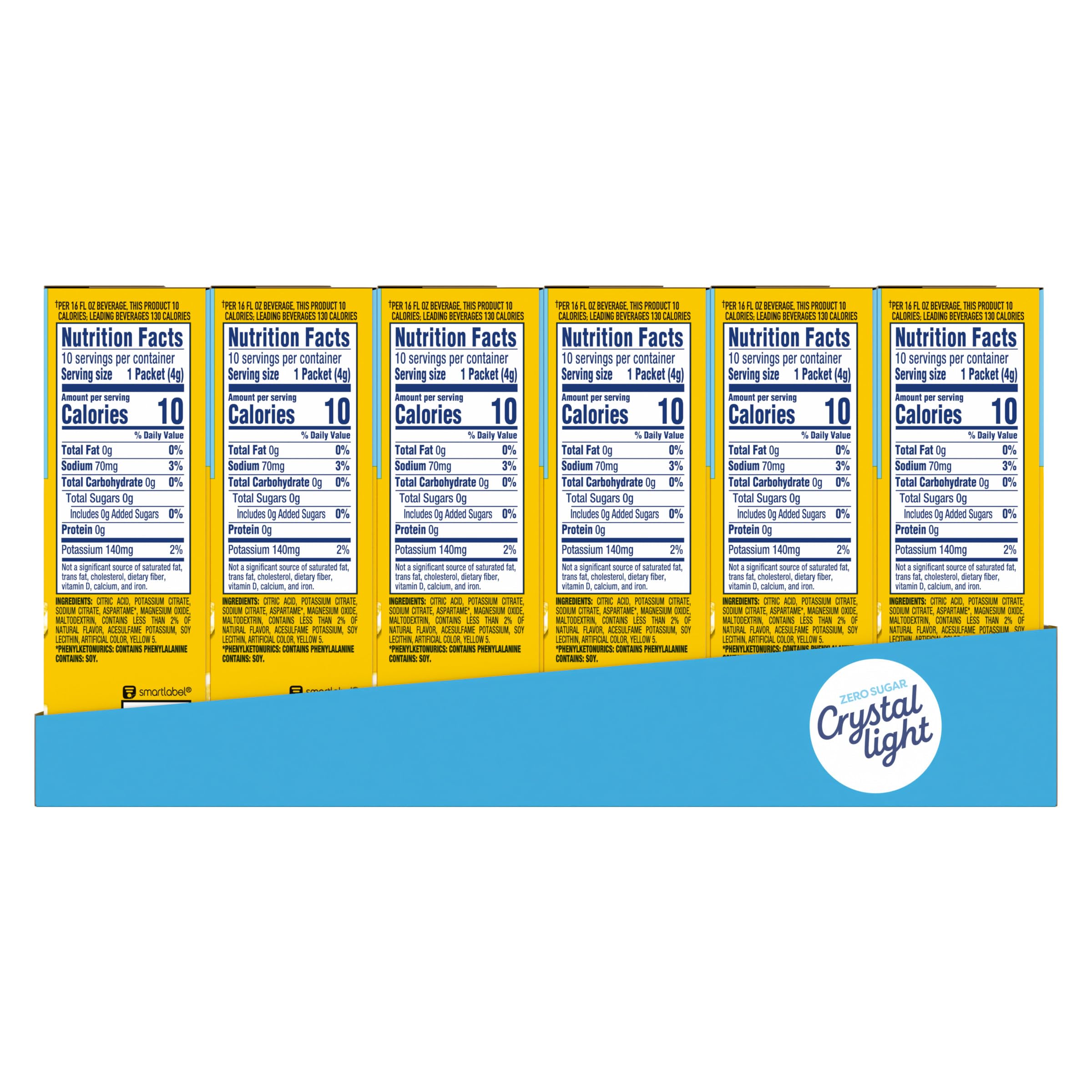 Crystal Light etiqueta nutricional visible con 10 calorías por sobre