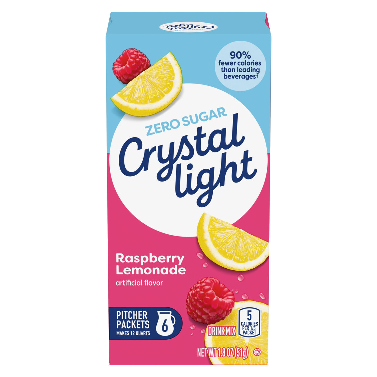 Crystal Light frente del empaque 72 sobres muestra cantidad y sabor, ideal para reuniones