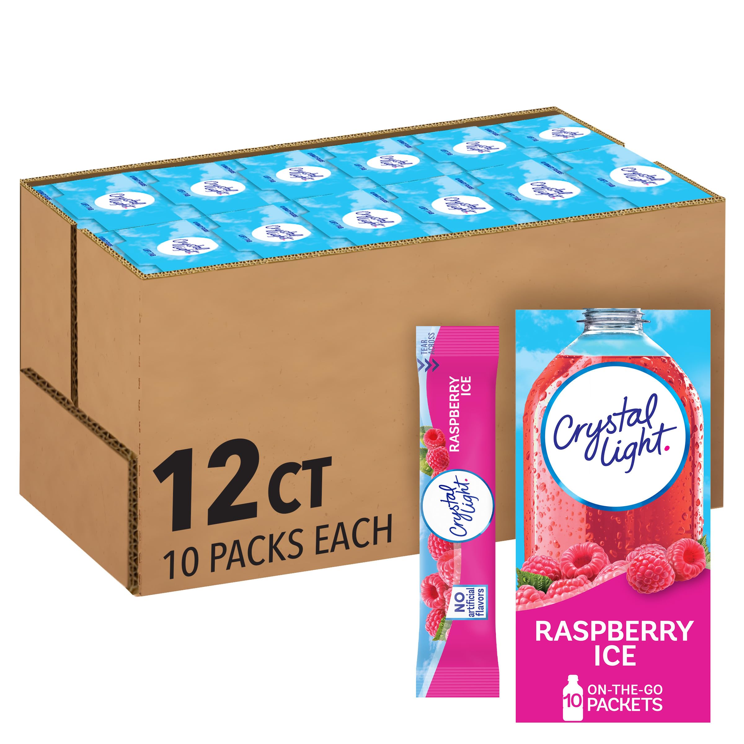 Crystal Light frente del empaque mostrando 12 cajas y beneficio conveniencia