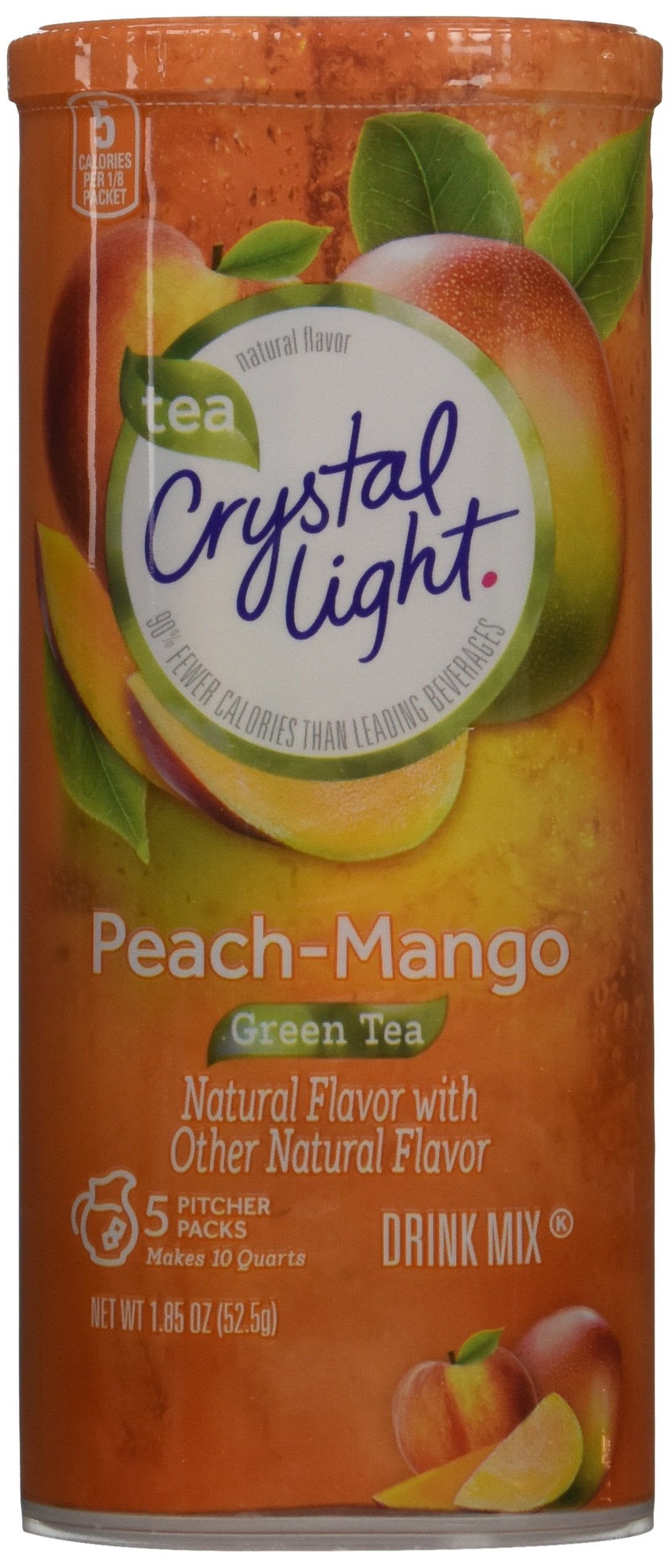 Crystal Light frente del envase mostrando el sabor durazno mango y la cantidad, conveniencia inmediata