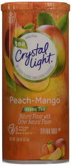 Crystal Light frente del envase mostrando el sabor durazno mango y la cantidad, conveniencia inmediata