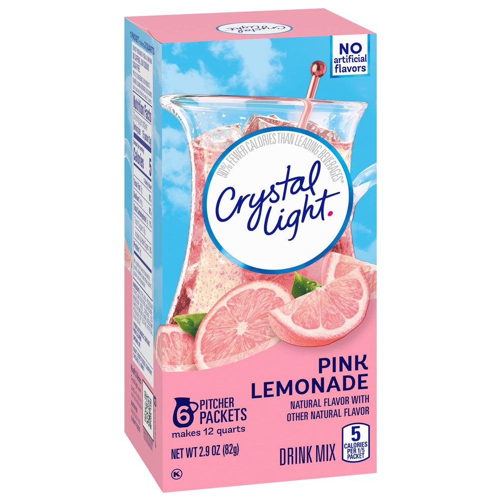 Crystal Light paquete abierto con seis sobres listos para preparar bebidas