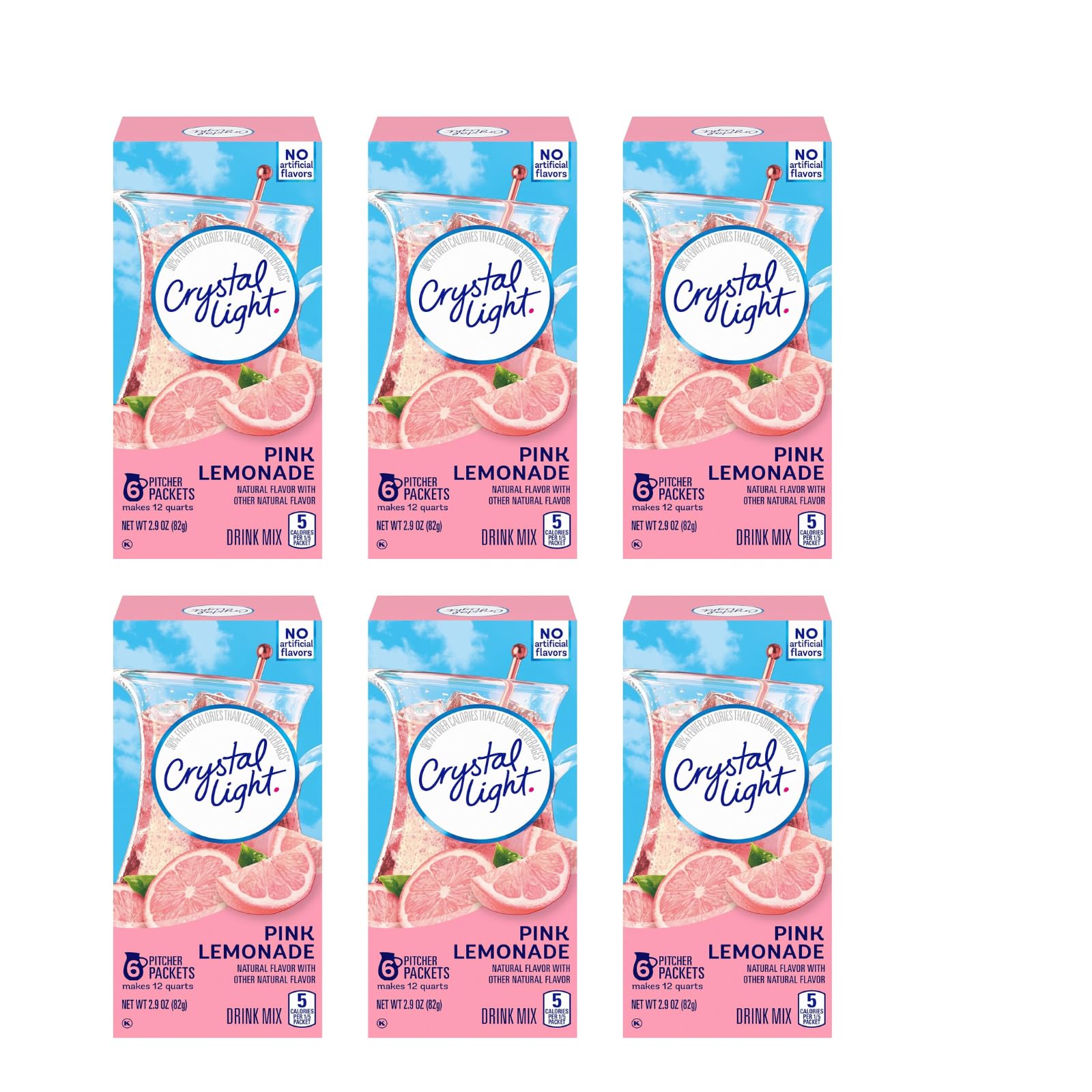 Crystal Light frontal del empaque mostrando sabor Pink Lemonade y conveniencia