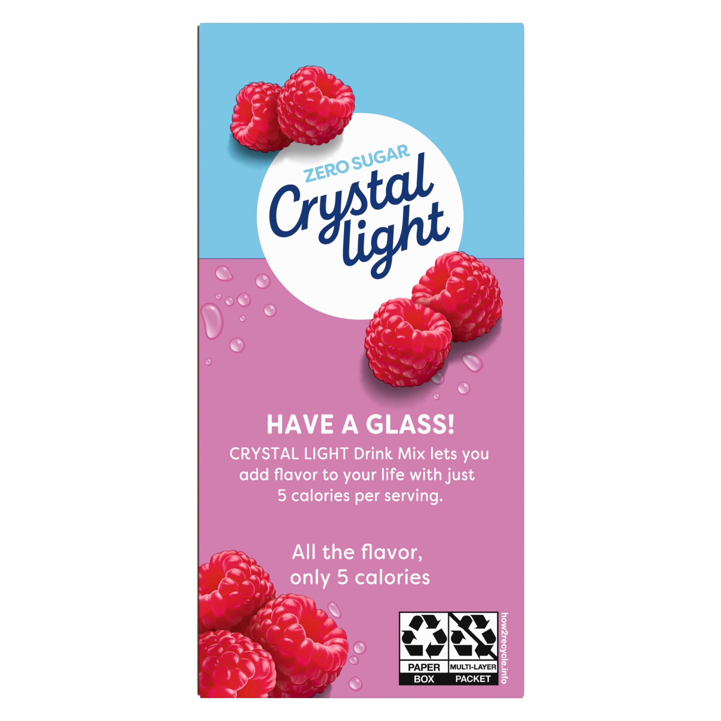 Crystal Light vaso con hielo y color frambuesa que sugiere bebida refrescante baja calorías