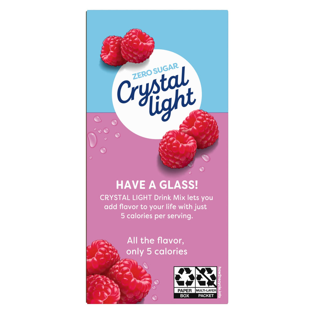 Crystal Light vaso con hielo y color frambuesa que sugiere bebida refrescante baja calorías