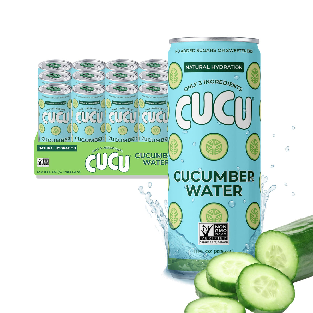 CUCU lata frontal pack de 12 mostrando presentación práctica y refrescante