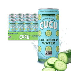 CUCU lata frontal pack de 12 mostrando presentación práctica y refrescante