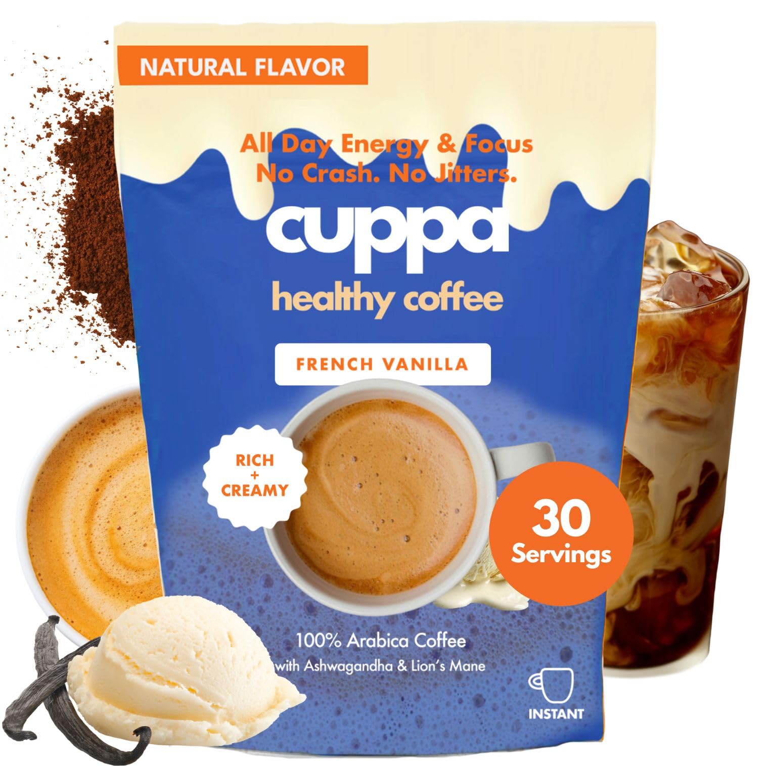Cuppa Healthy Coffee envase frontal mostrando sabor vainilla y beneficios funcionales